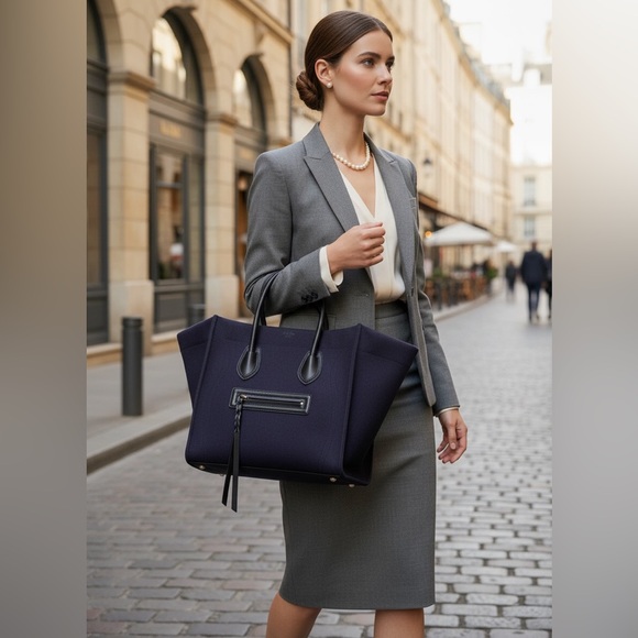 Celine Phantom Luggage Tote Navy Felt Black Leather Bag - Picture 11 of 12